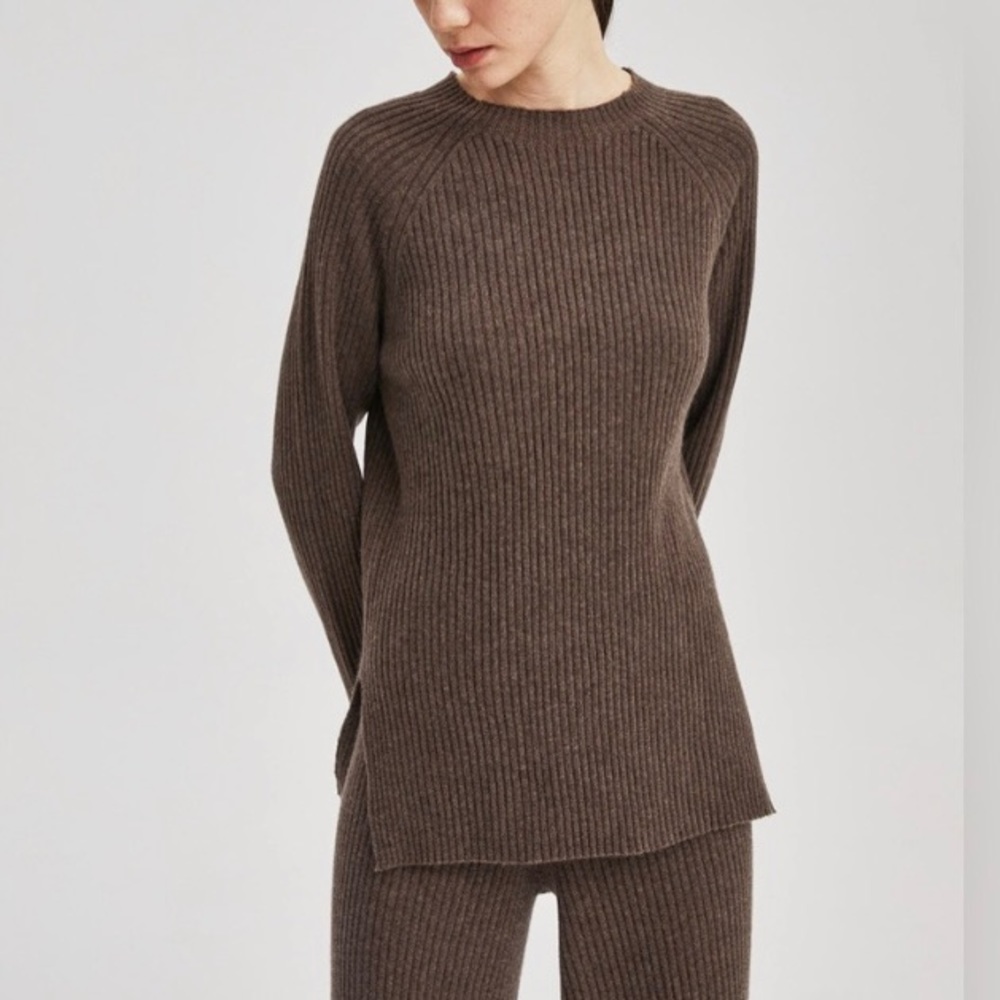 🔴 Nap Loungewear Cashmere Rib-Knit Crew Neck Pullover in Brownie sz Medium